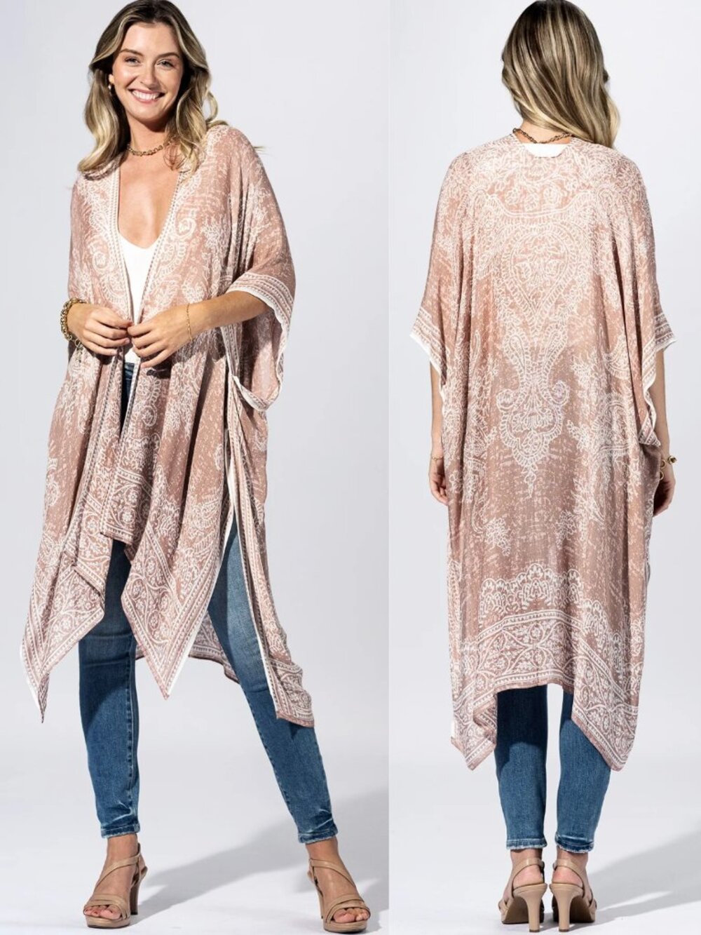 Blush Paisley Kimono Lightweight Boho Cardigan Festival Beach Cover Up